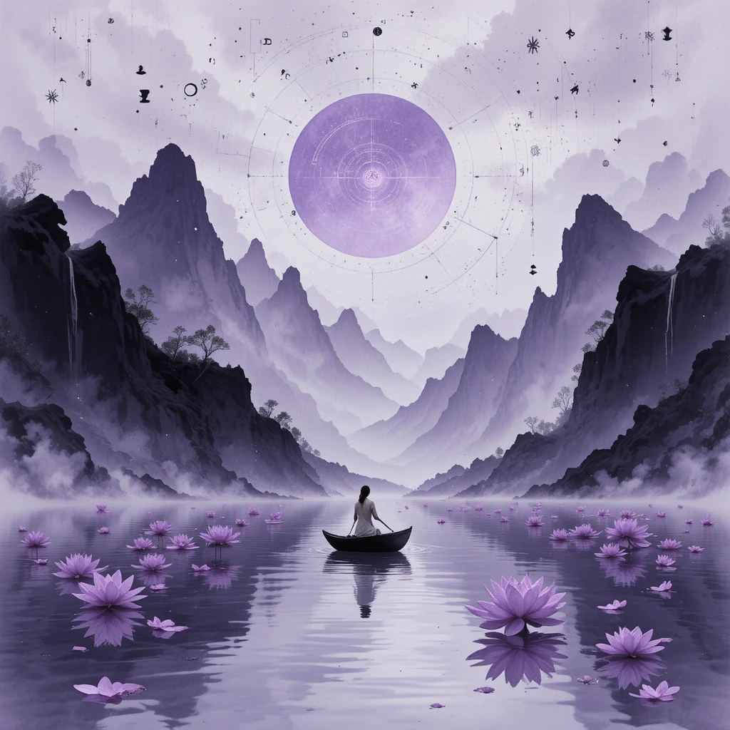 孤舟穿越寧靜水面與紫色蓮花