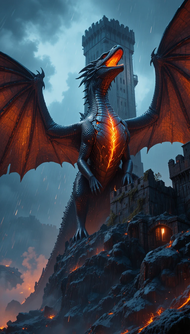 Ancient dragon roaring fire above a stormy stone fortress