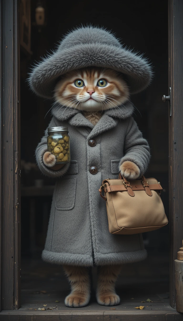 Gatito con Abrigo de Piel Sosteniendo Bolso y Pepinillos