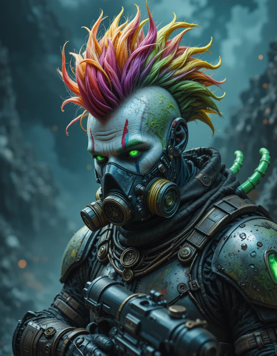 Guerrier clown futuriste en armure avec masque à gaz lumineux