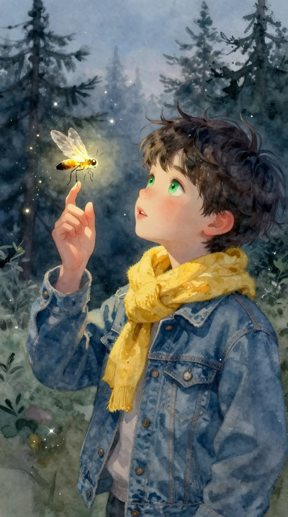 Watercolor boy watching a glowing firefly in forest