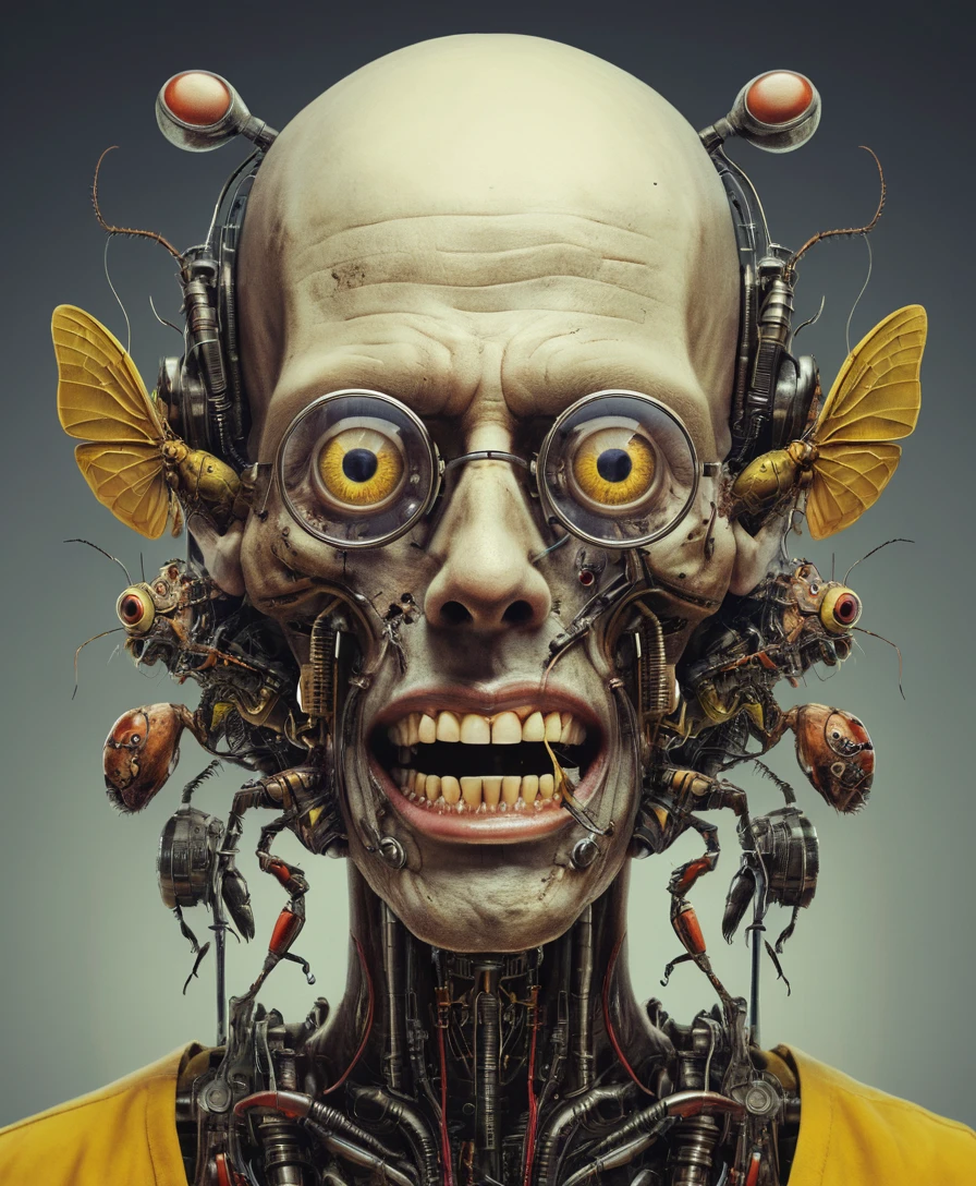 Rostro humano surreal y distorsionado con insectos mecánicos