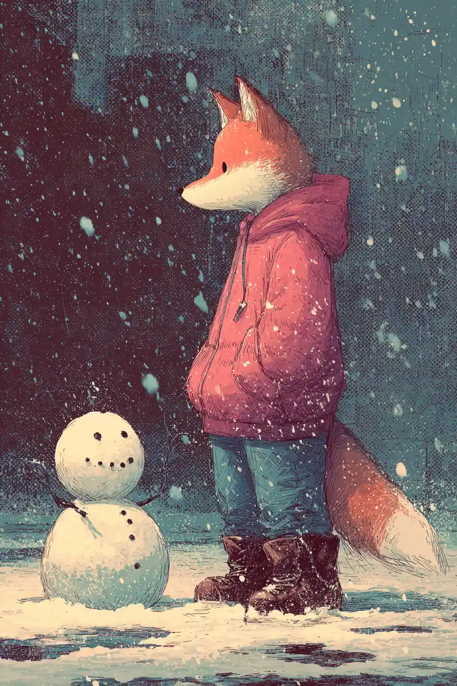 Anthropomorphic fox building a snowman in winter city