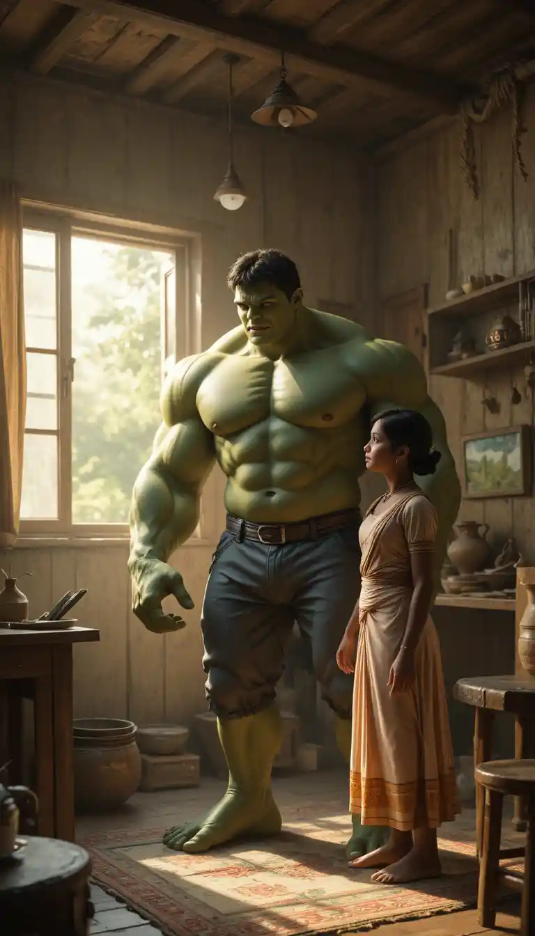 Gentle green superhero standing in a small village home