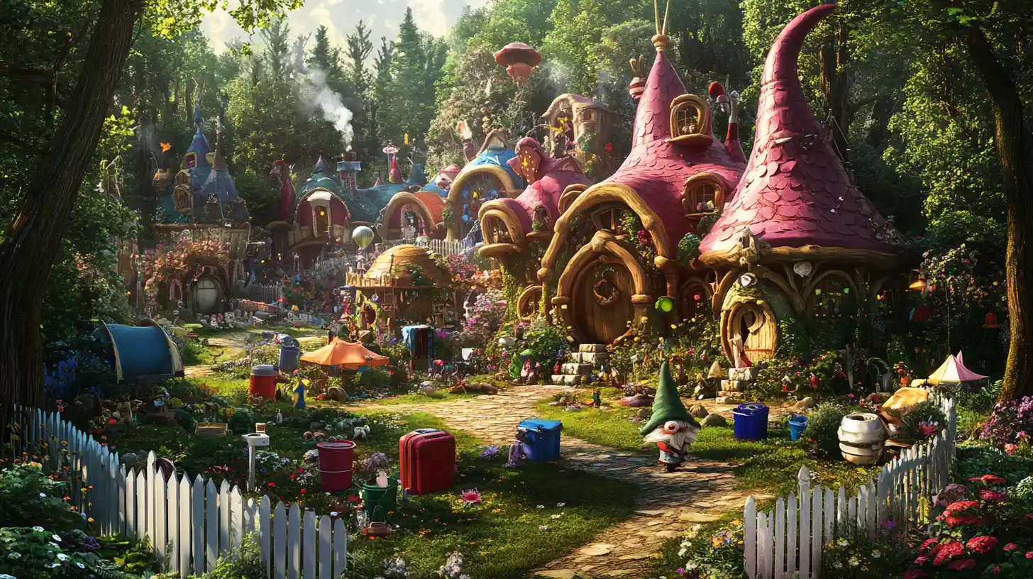 Colorful gnome village built from camping gear in forest