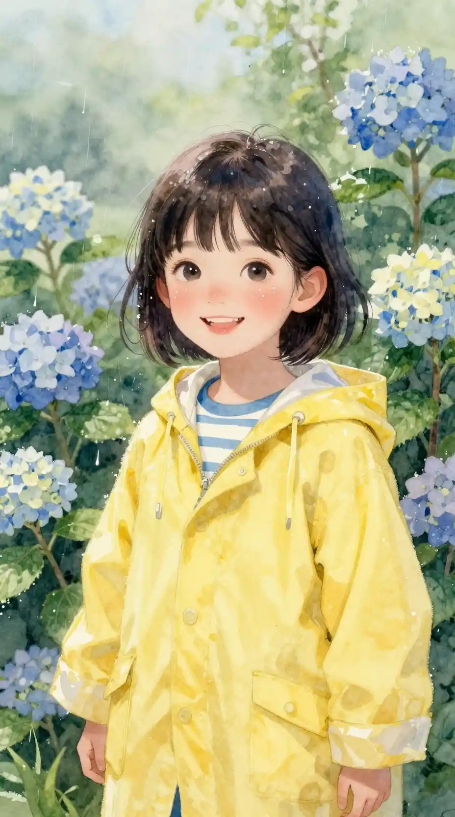 Joyful girl in yellow raincoat in a watercolor garden