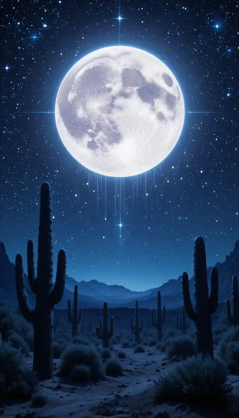 Surreal desert under a glowing moonlit cosmic sky