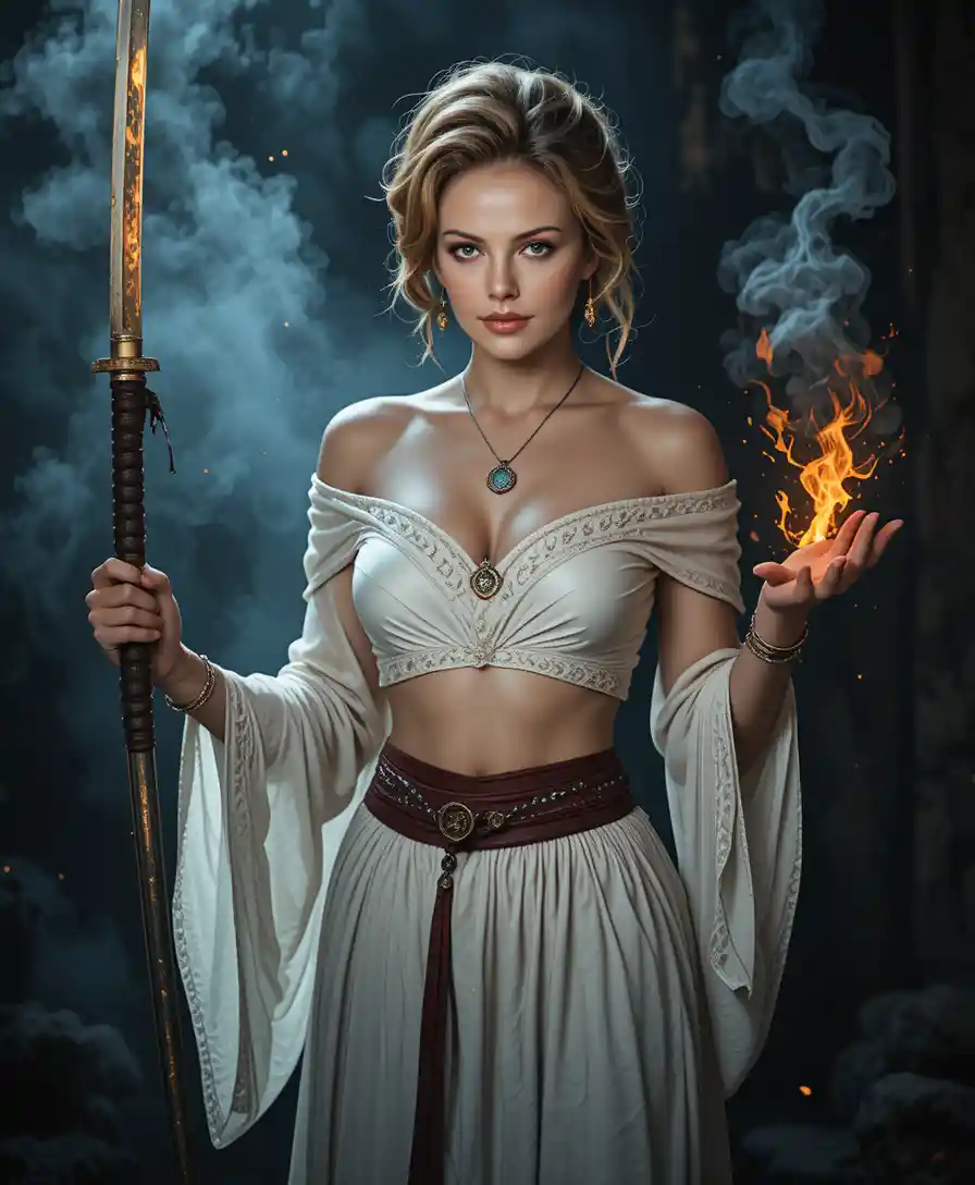 Ancient warrior priestess with flaming katana and magic