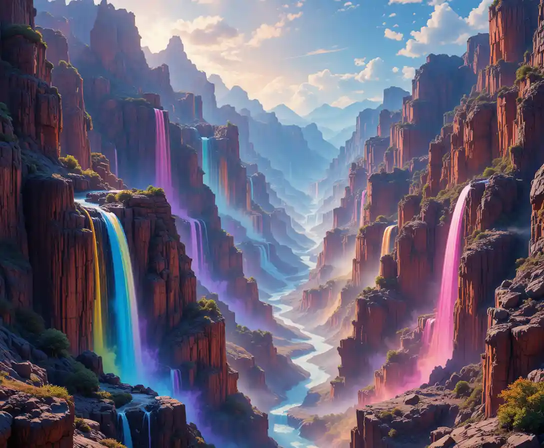 Rainbow canyon with luminous strata and floating islands