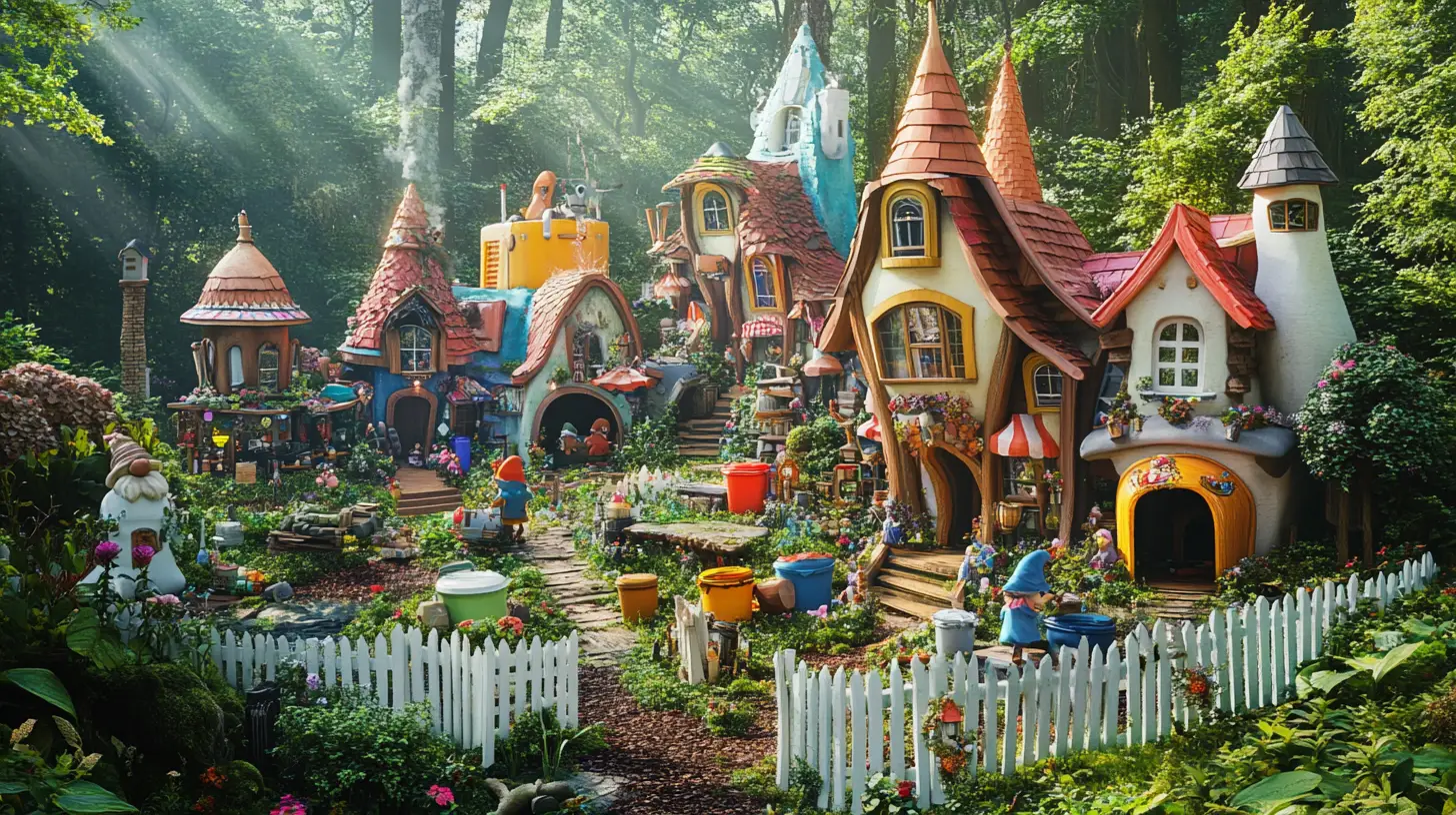 Colorful gnome village built from camping gear in forest