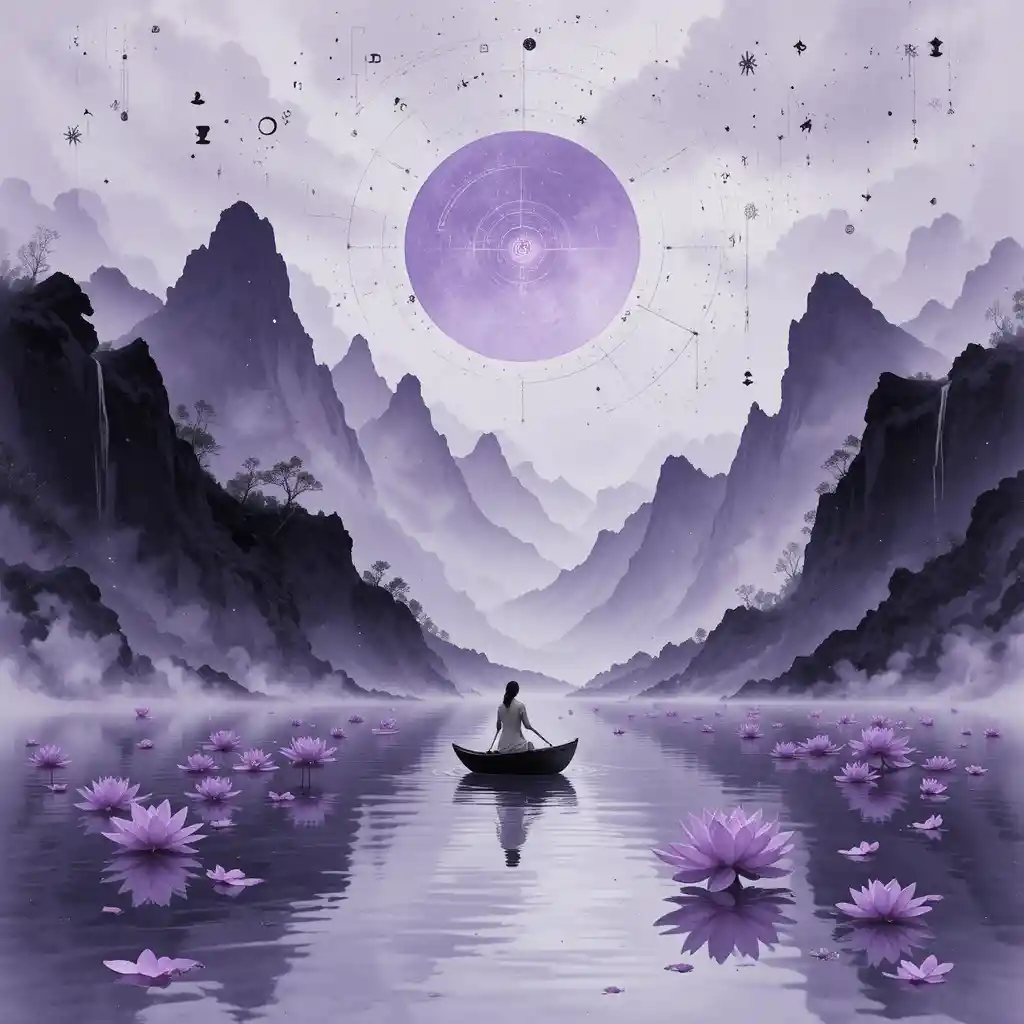 Lone boat crossing calm water with violet lotus blooms