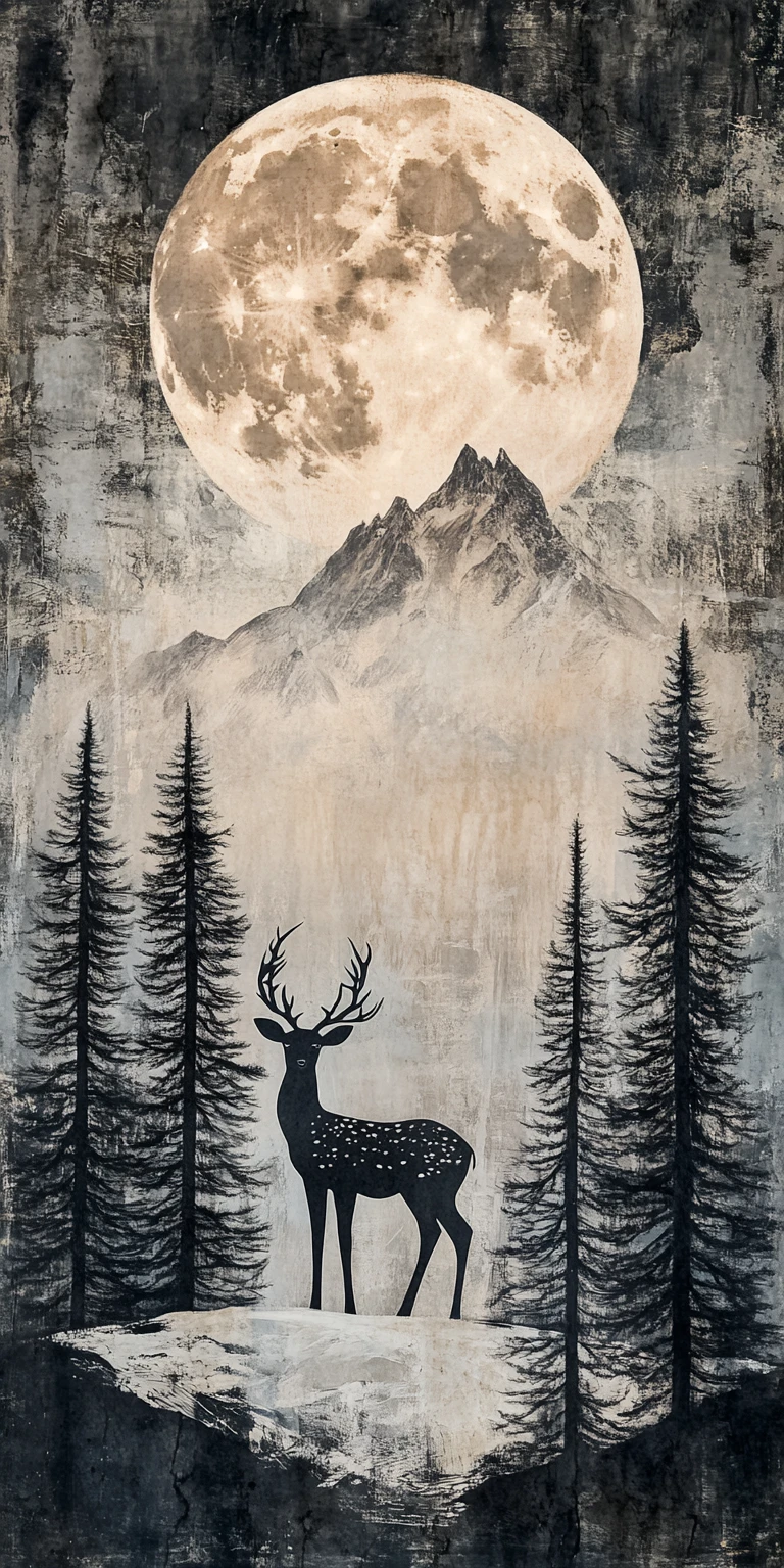 Doe And Fawn Under A Full Moon In Mountain Silhouettes