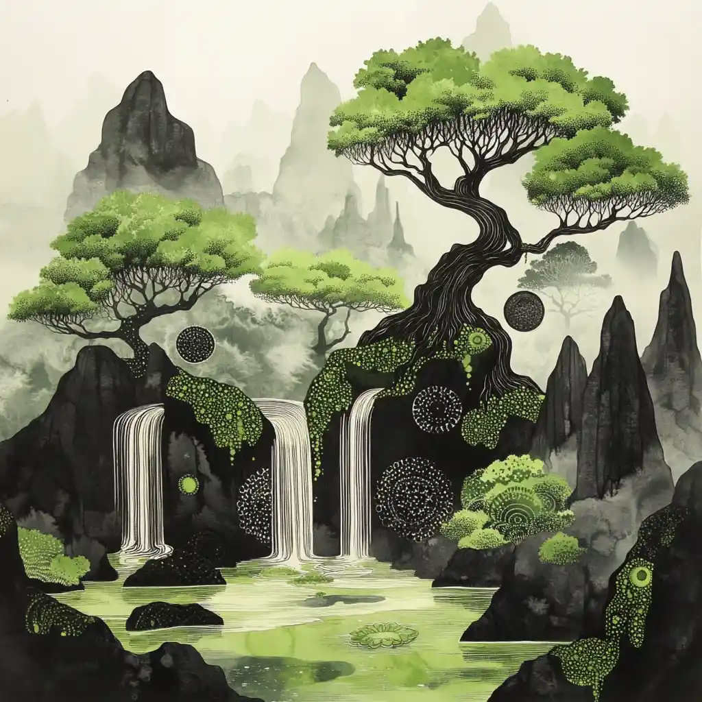 Tranquil Ink Painted Fantasy Forest With Waterfall Lake