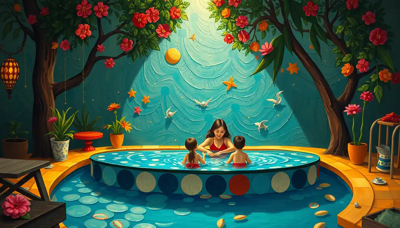 Whimsical family scene around a bright outdoor swimming pool