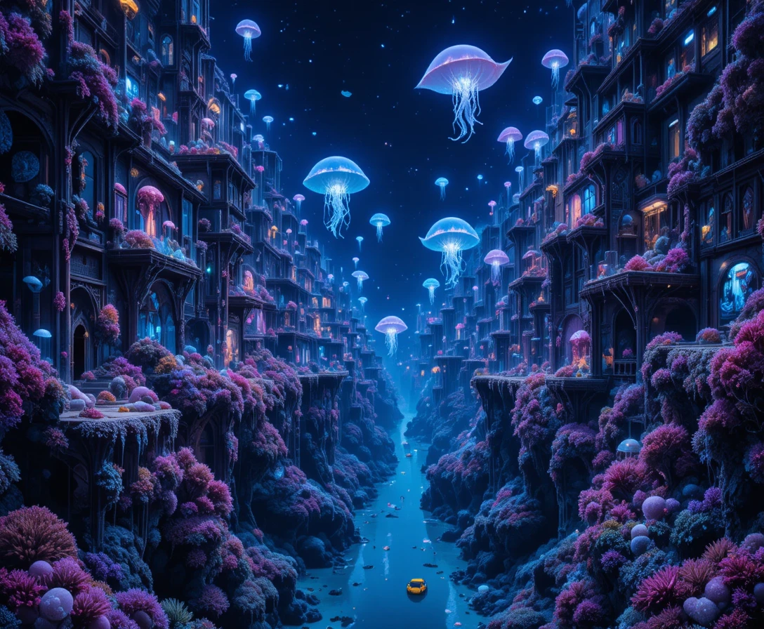 Cité de corail sous-marine illuminée par des lumières bioluminescentes