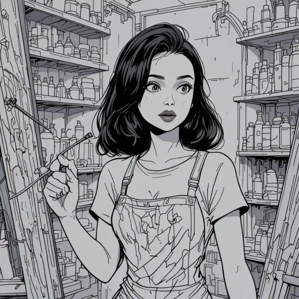 Young artist painting in a black and white line studio scene