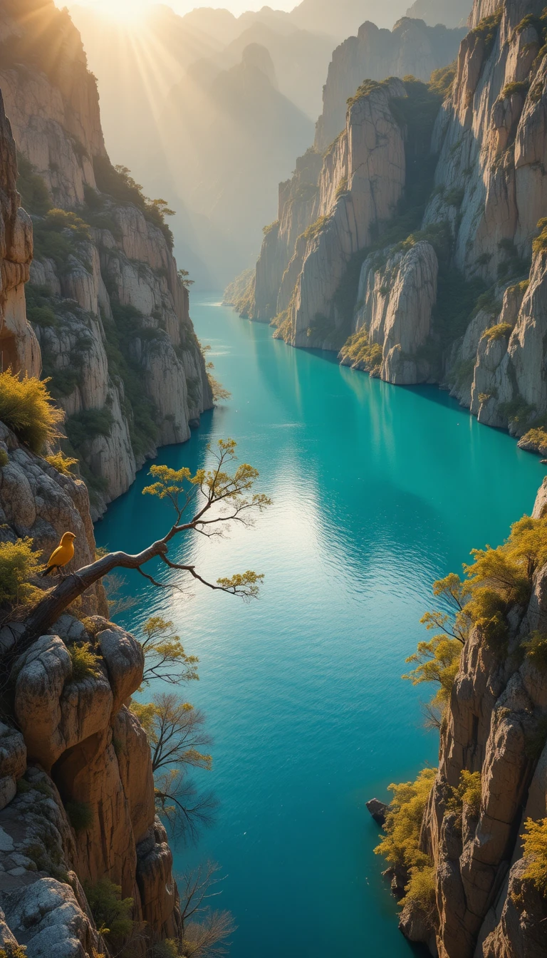 Ave dorada sobre lago turquesa al amanecer en el cañón