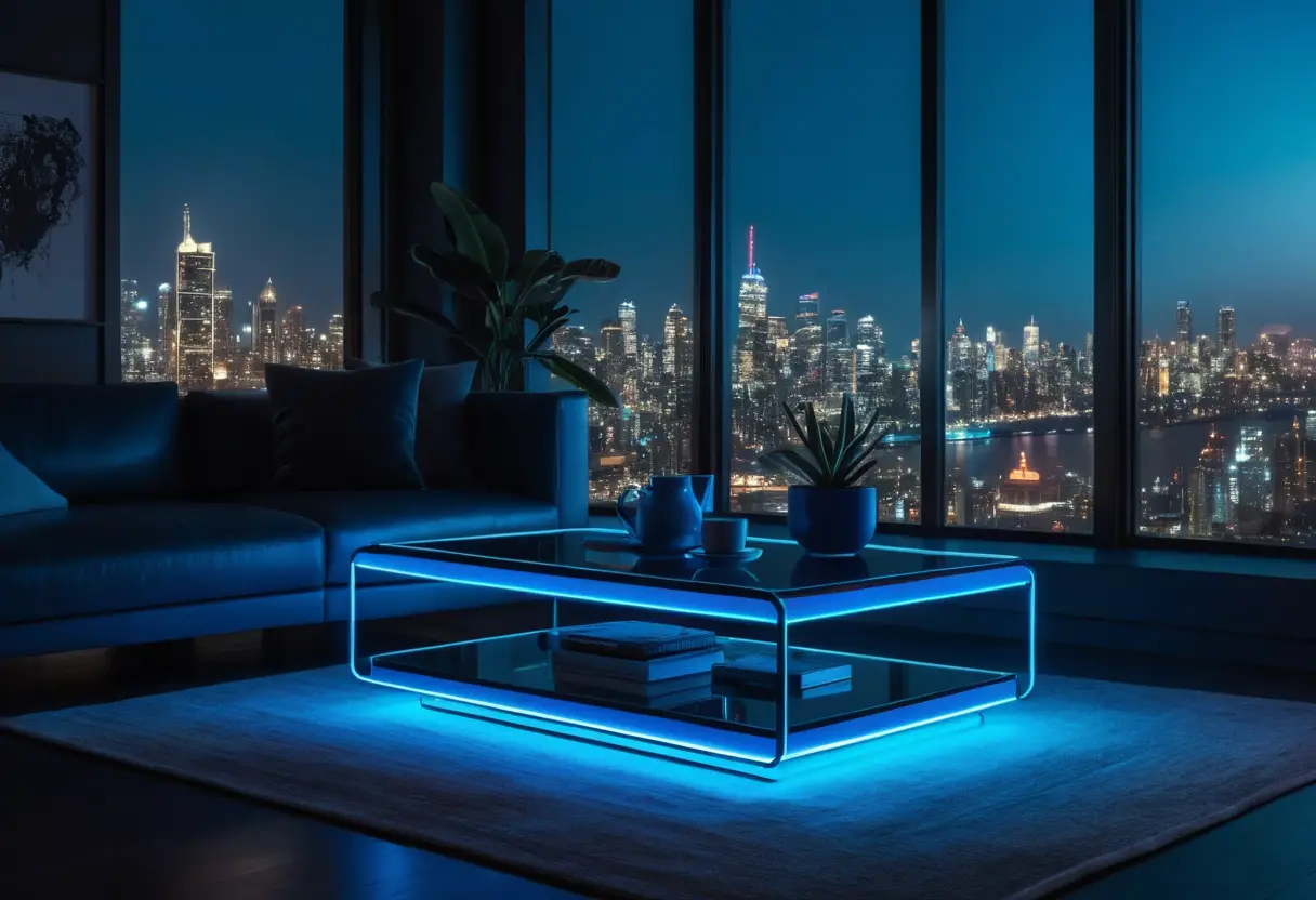 Lámpara de neón futurista brillando en una sala de estar moderna