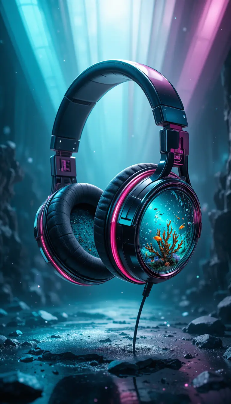Futuristic glass headphones floating in a cosmic scene