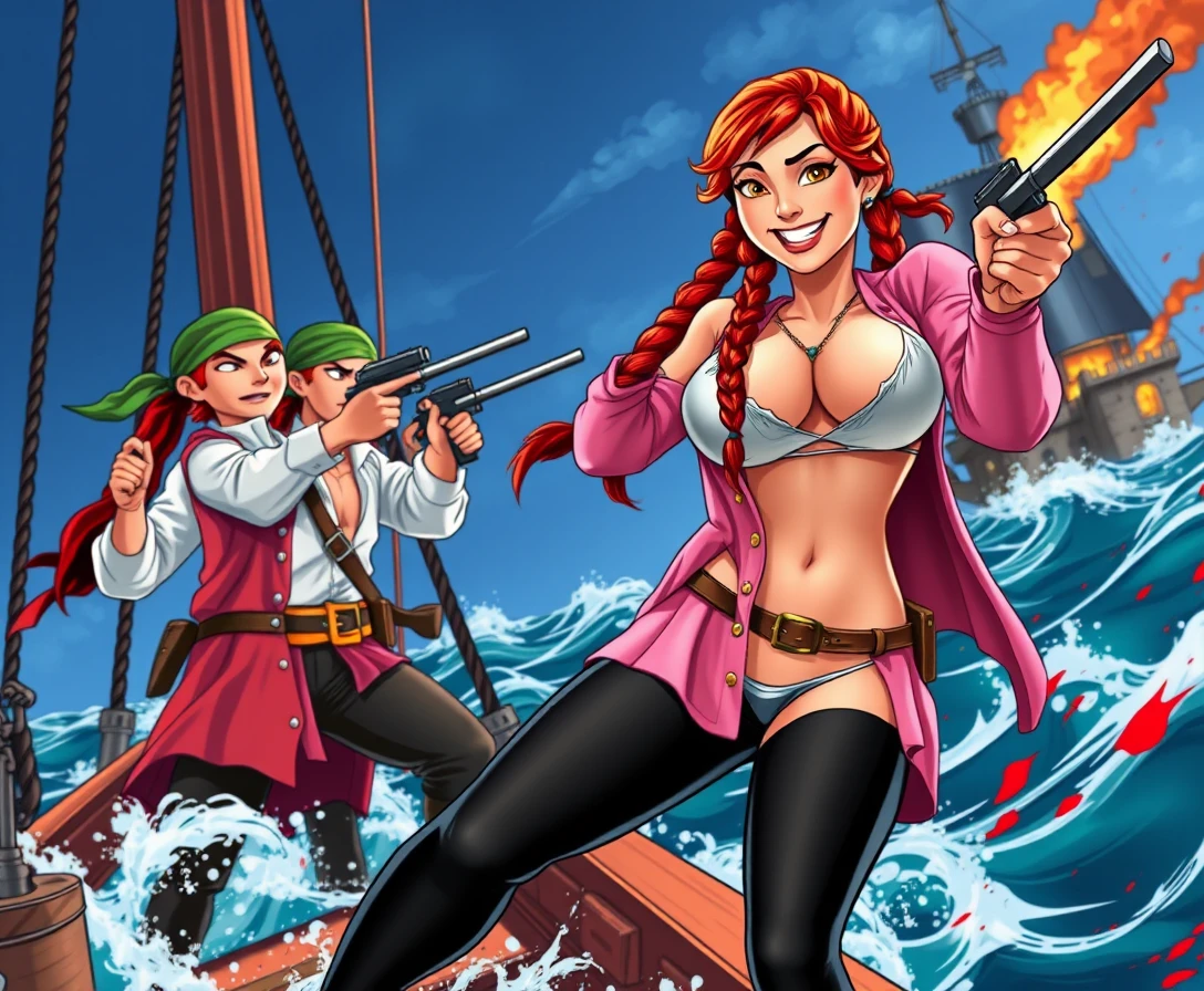 Colorful Comic Pirate Frigate Under Fortress Attack