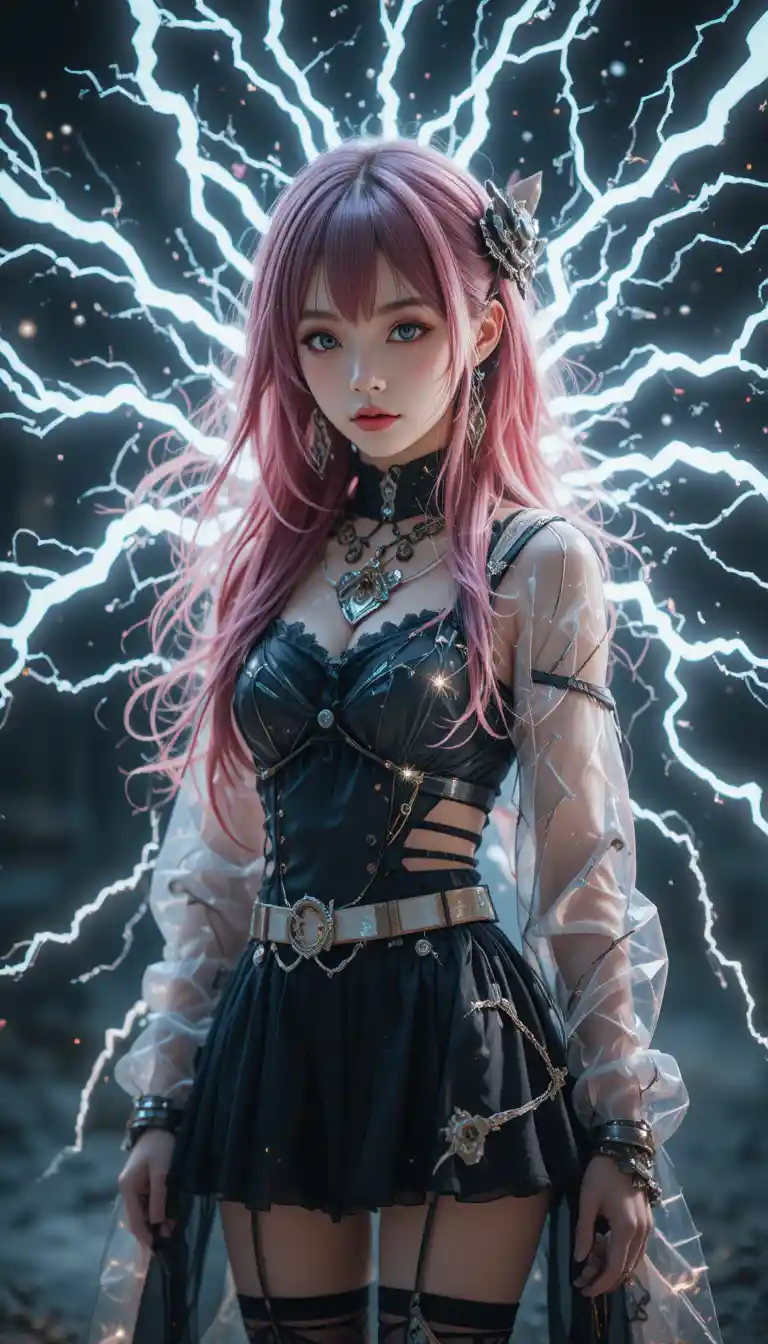 Jeune femme japonaise entourée d’une énergie électrique crépitante