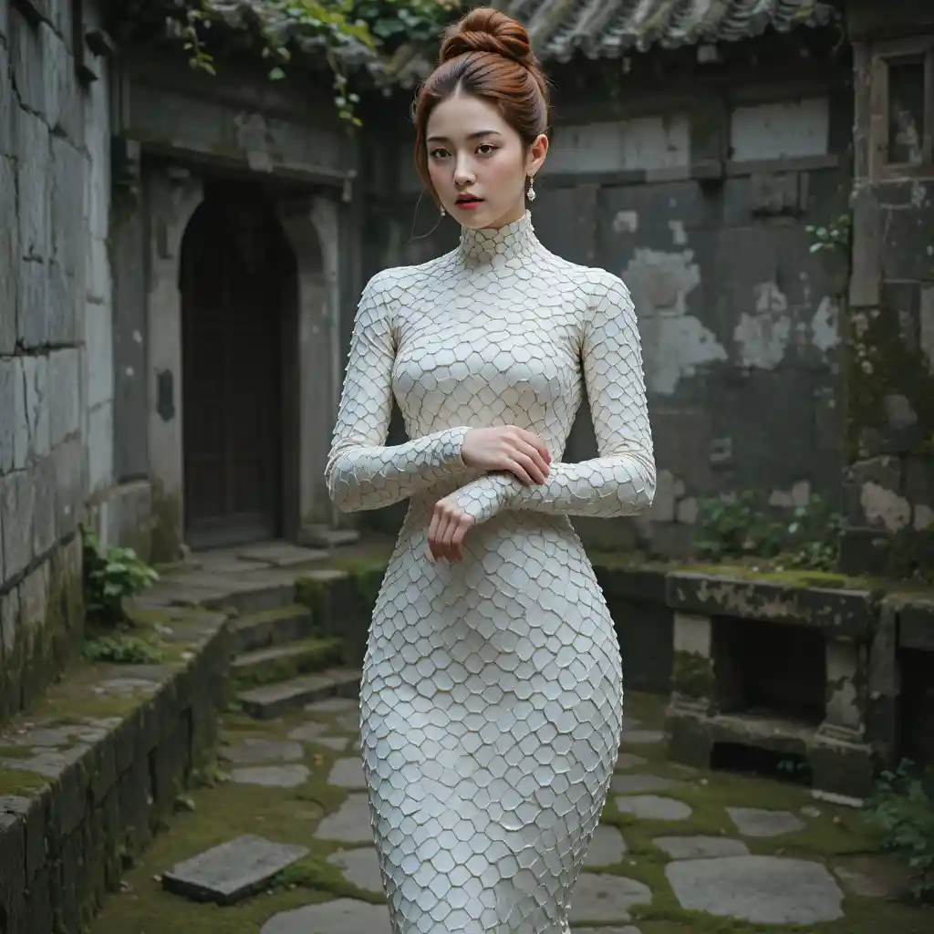 Korean woman in porcelain tile gown in ruined courtyard