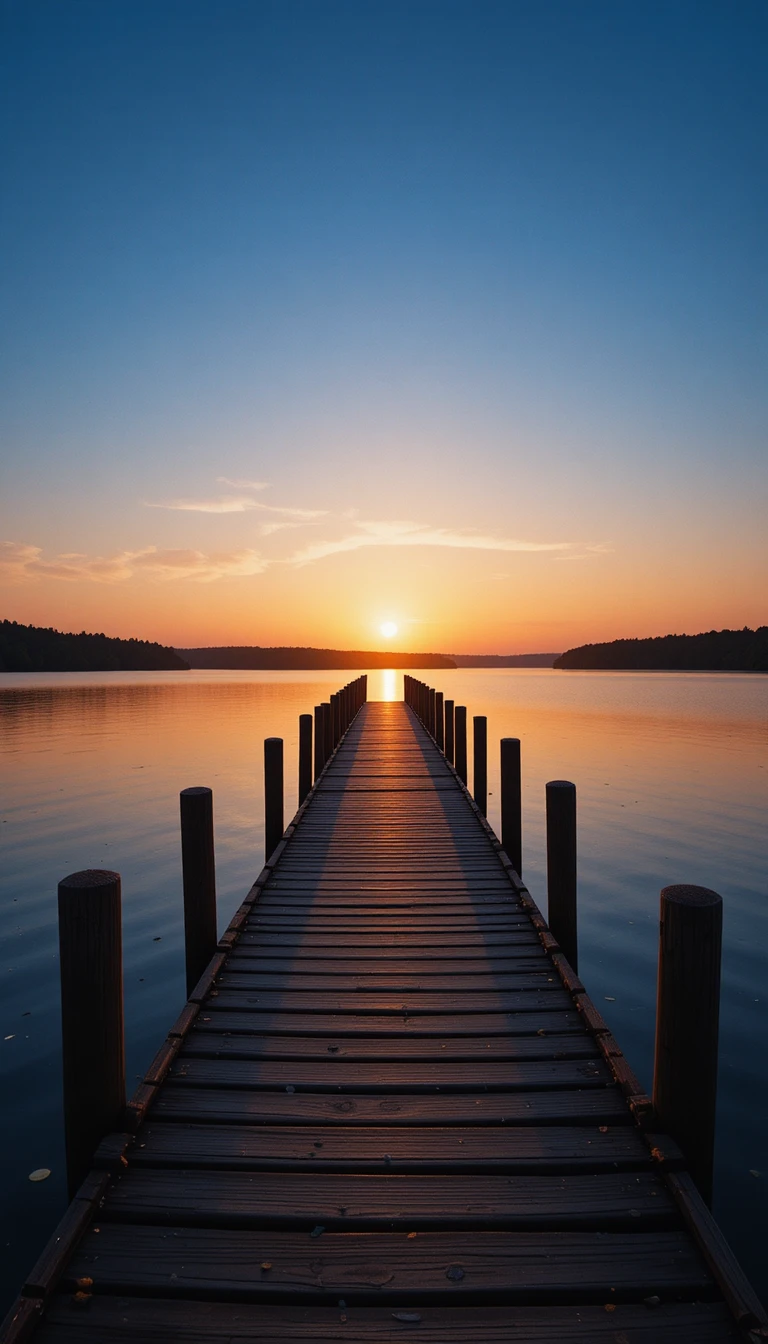 Holzsteg, der in einen ruhigen See bei Sonnenuntergang führt