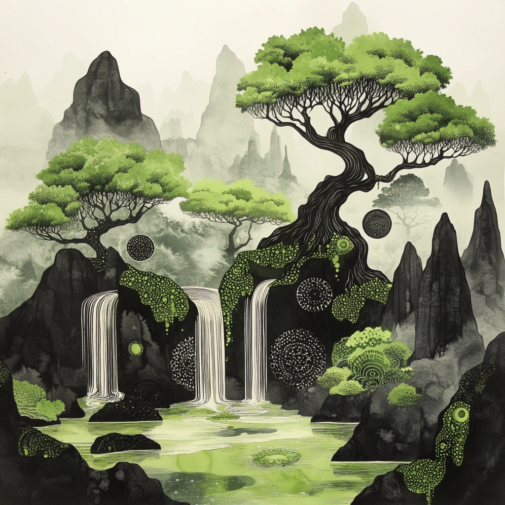Tranquil Ink Painted Fantasy Forest With Waterfall Lake