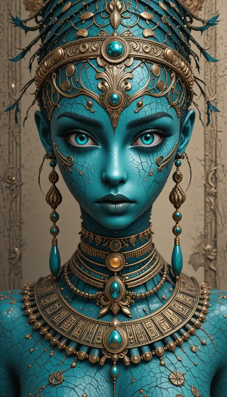 Mystical cybernetic Egyptian goddess portrait with golden tribal adornments