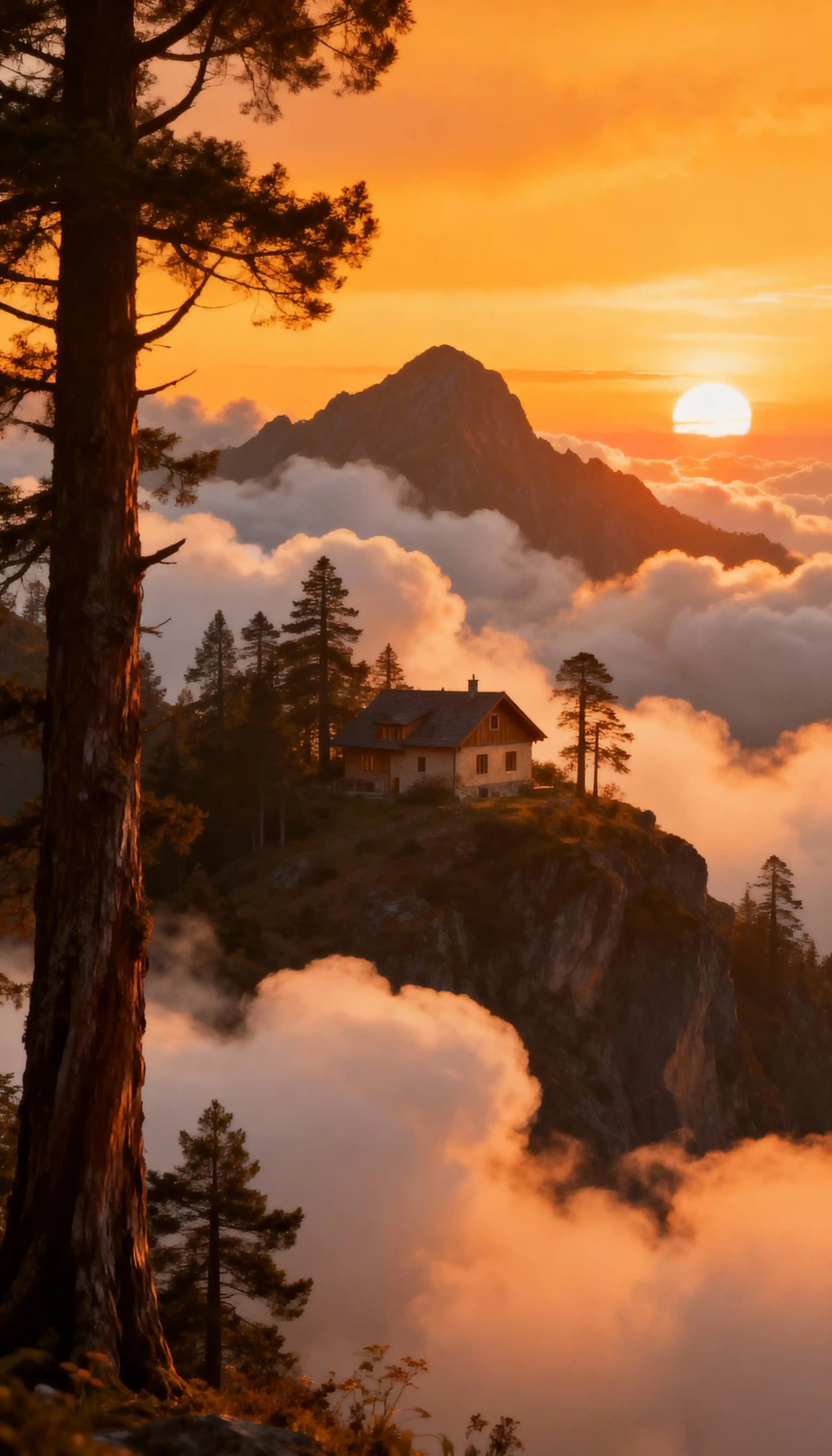 Fantasy mountain house at sunrise with trees and clouds