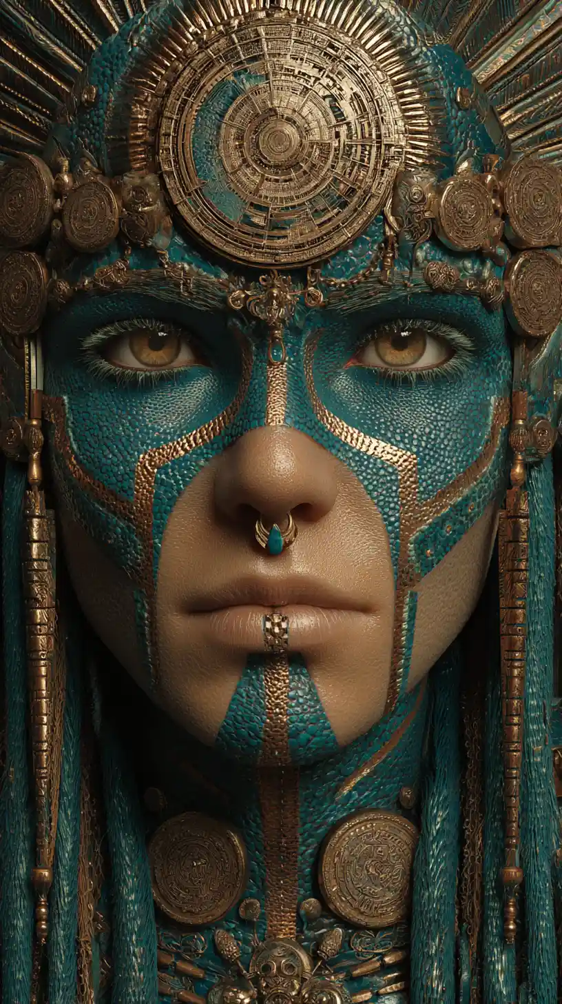 Mystical cybernetic egyptian goddess portrait in turquoise tones