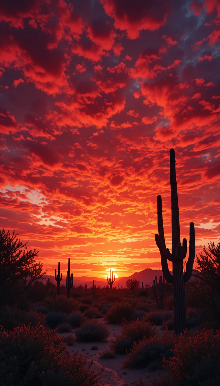 Puesta de sol ardiente en el desierto con cactus y árboles en silueta