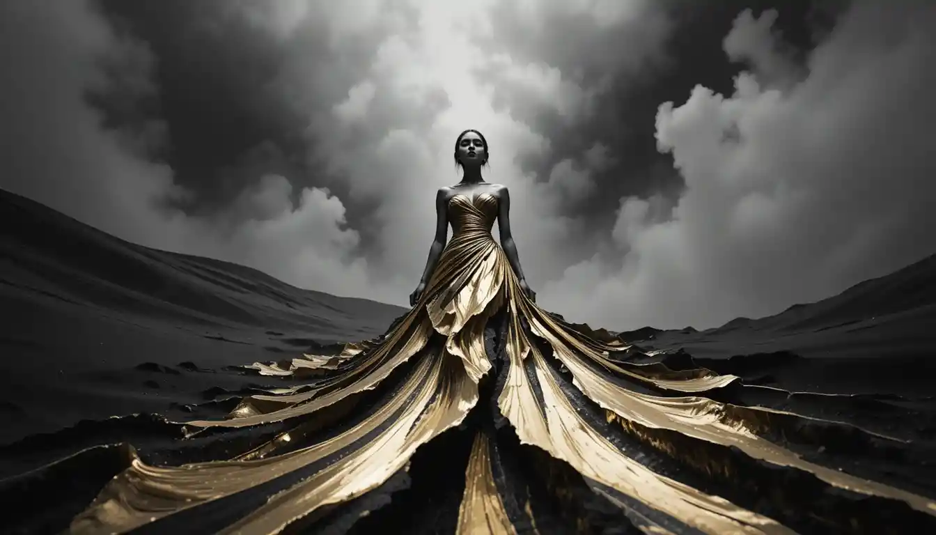 Surreal fashion woman sculpted from black and gold sand