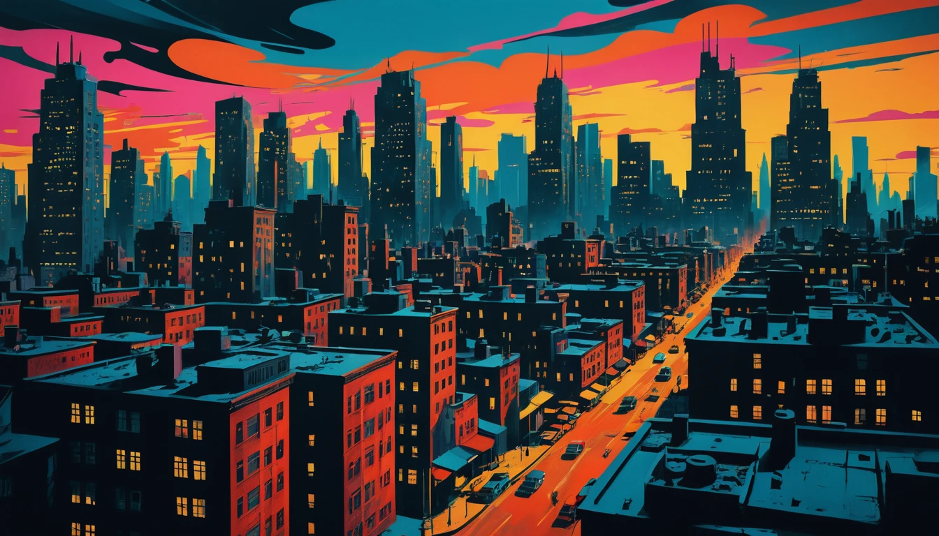 Surreal cityscape of melting skyscrapers at dusk in vivid color