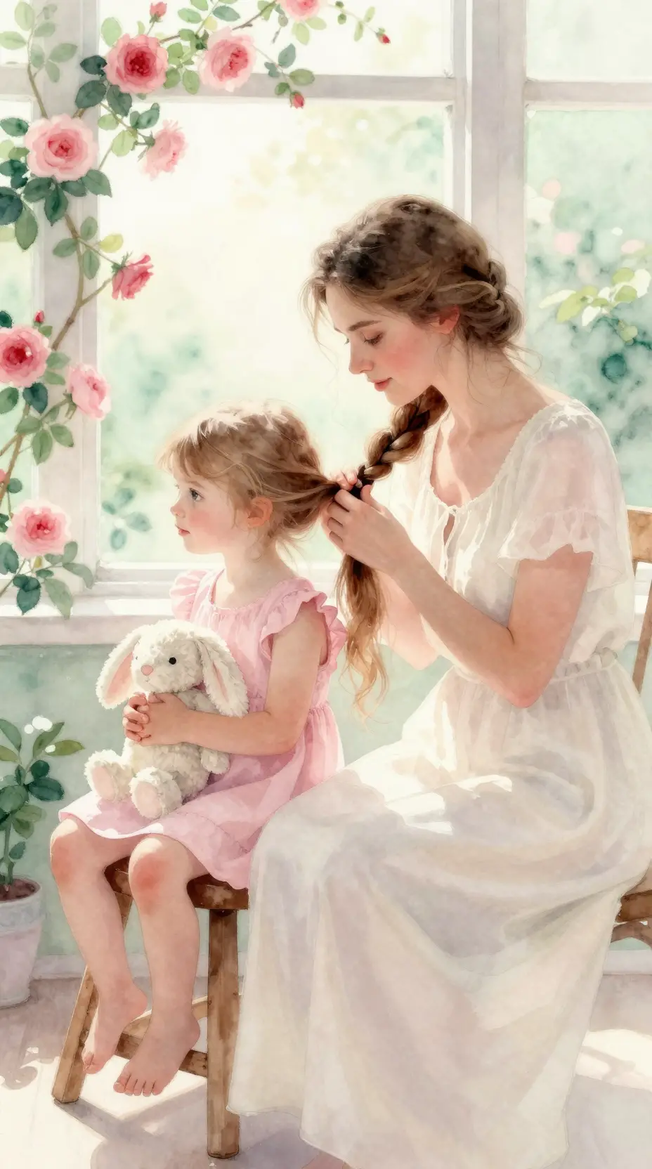 Mother braiding her daughters hair in soft watercolor light