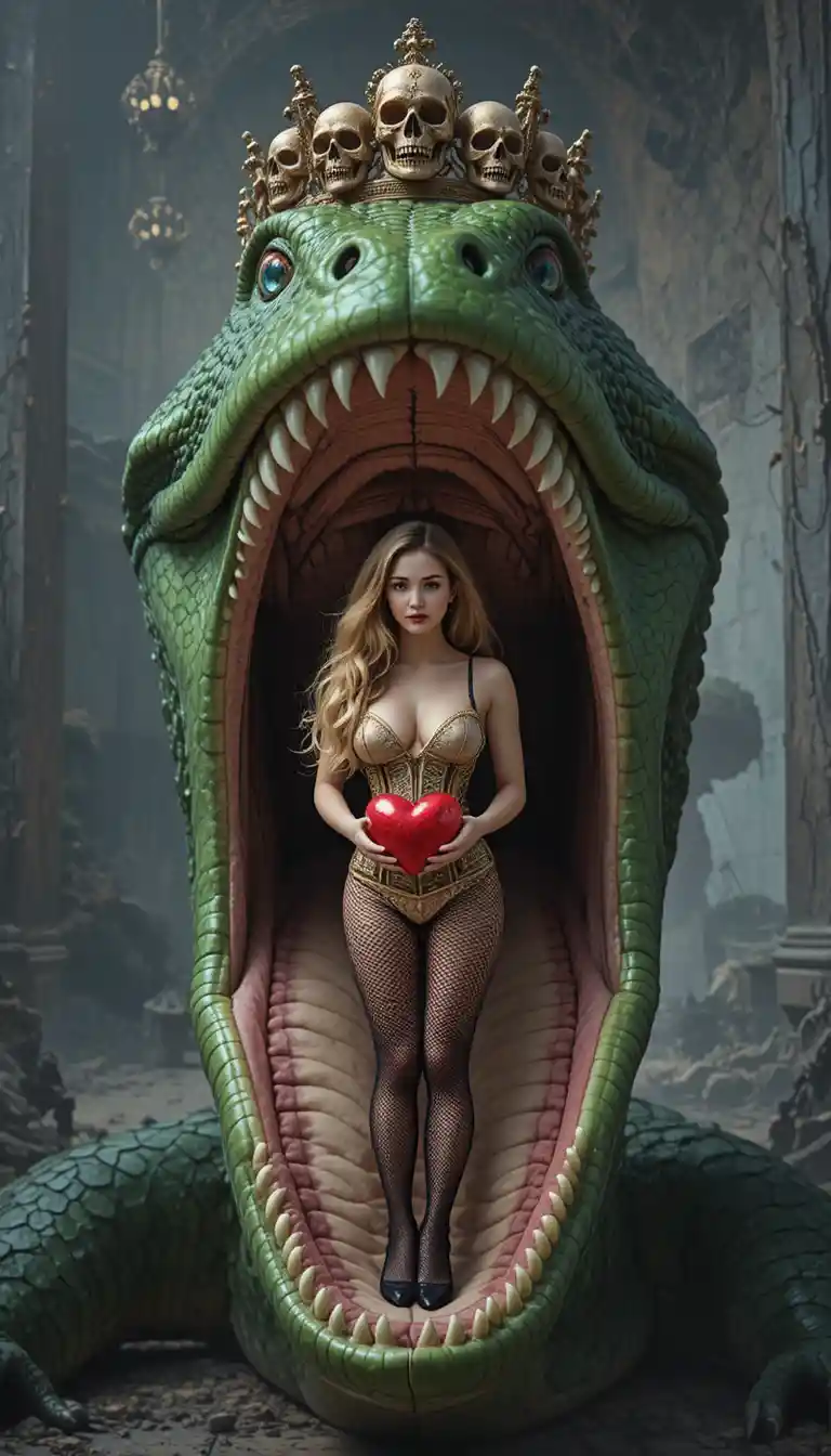 Bold girl in a surreal exhibition inside a giant snake