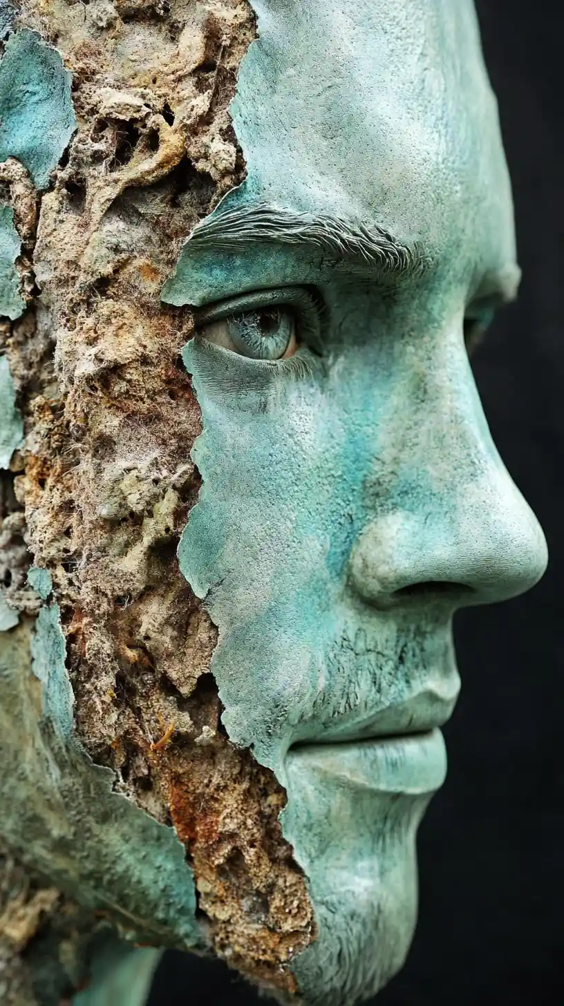 Surreal male face sculpture fused with lush natural growth