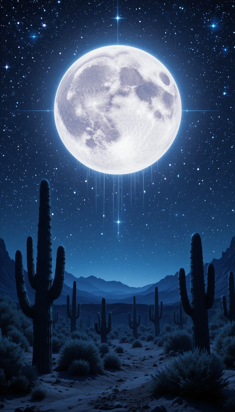 Desierto surreal bajo un cielo cósmico iluminado por la luna