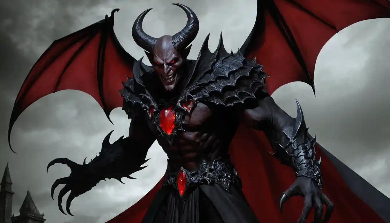 Towering crimson demon with horns wings and void black cape