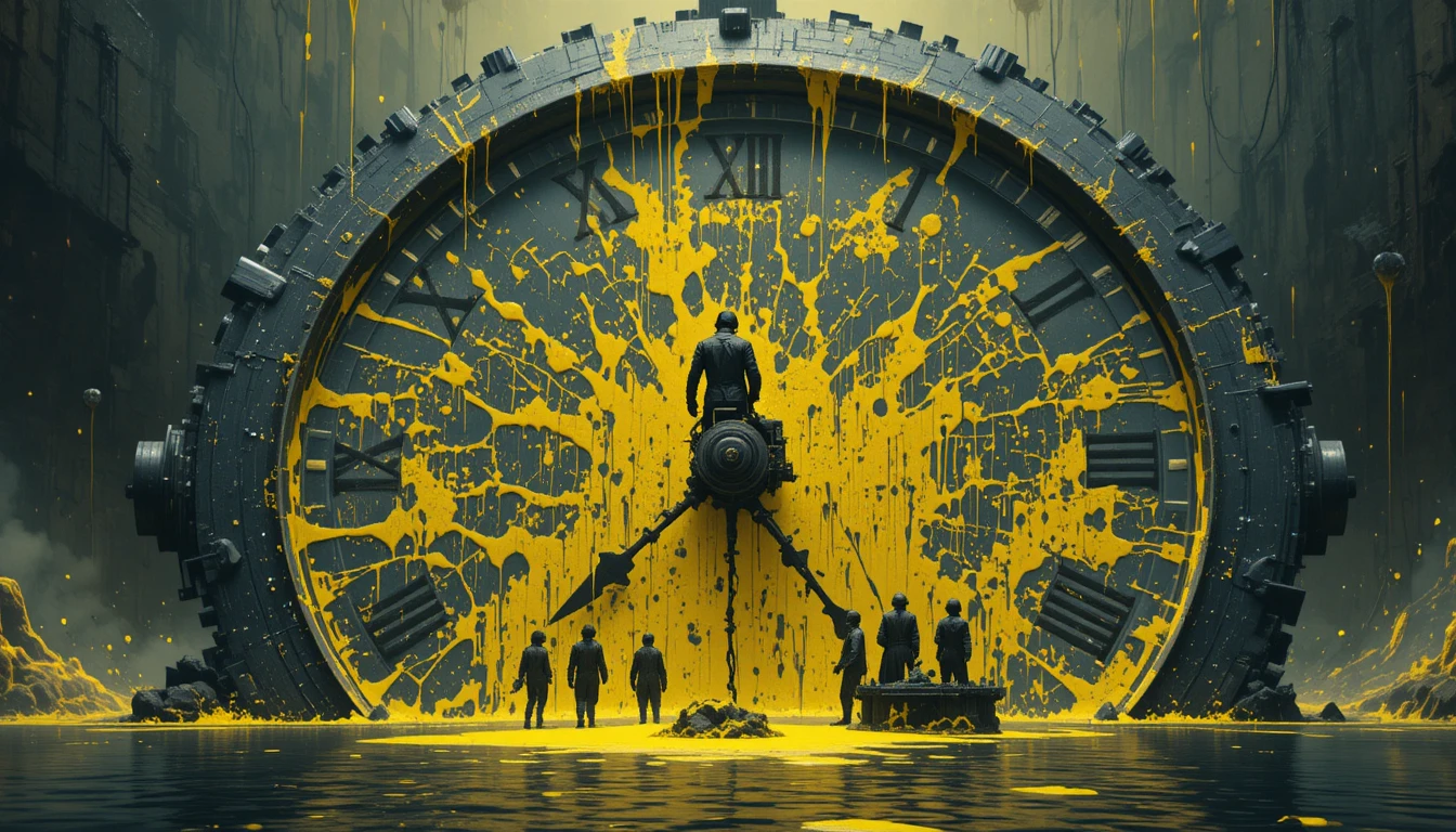 Reloj digital surreal salpicado de baba amarilla y sombras