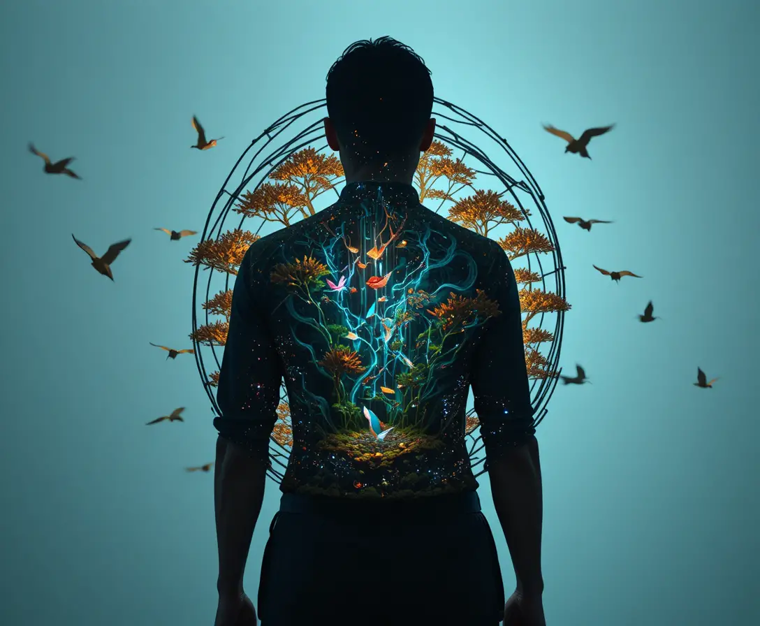 Back view silhouette filled with trees birds and data
