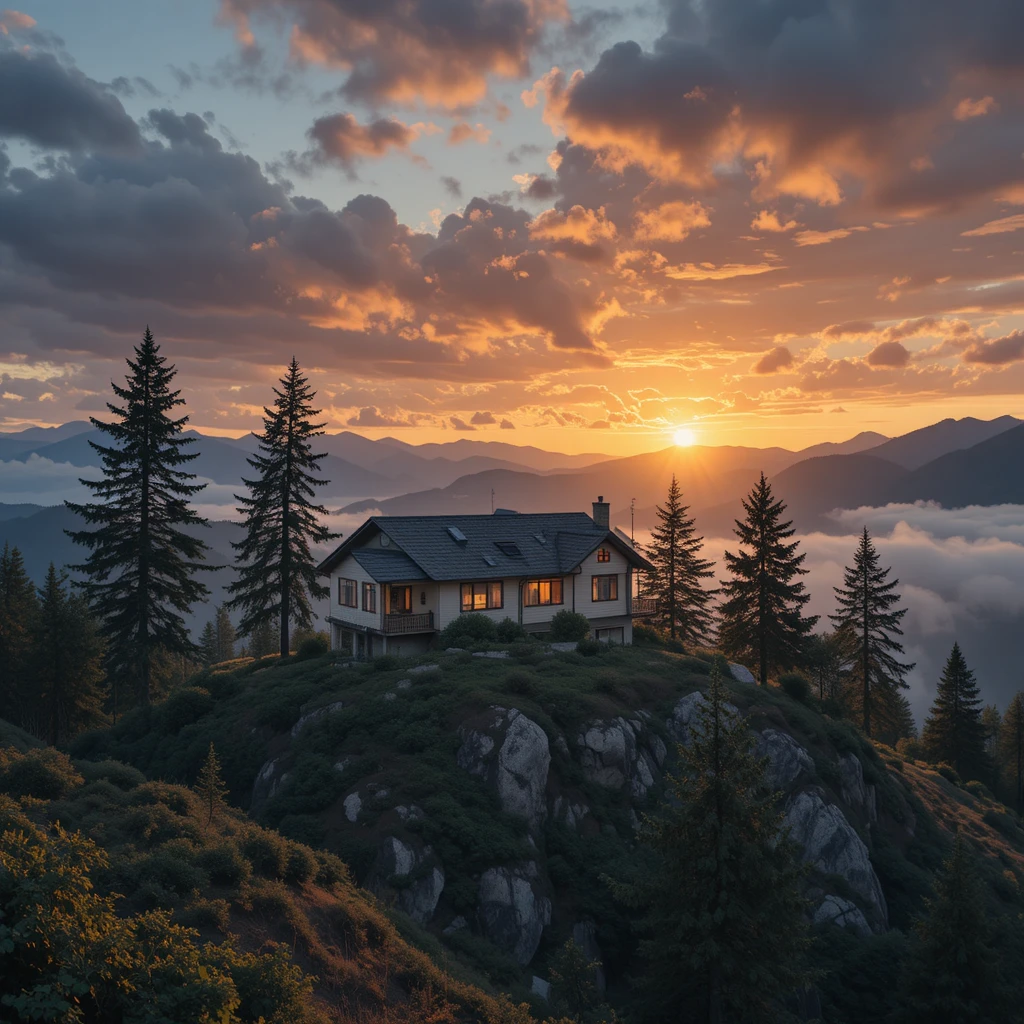 Casa de montaña al amanecer con nubes y árboles