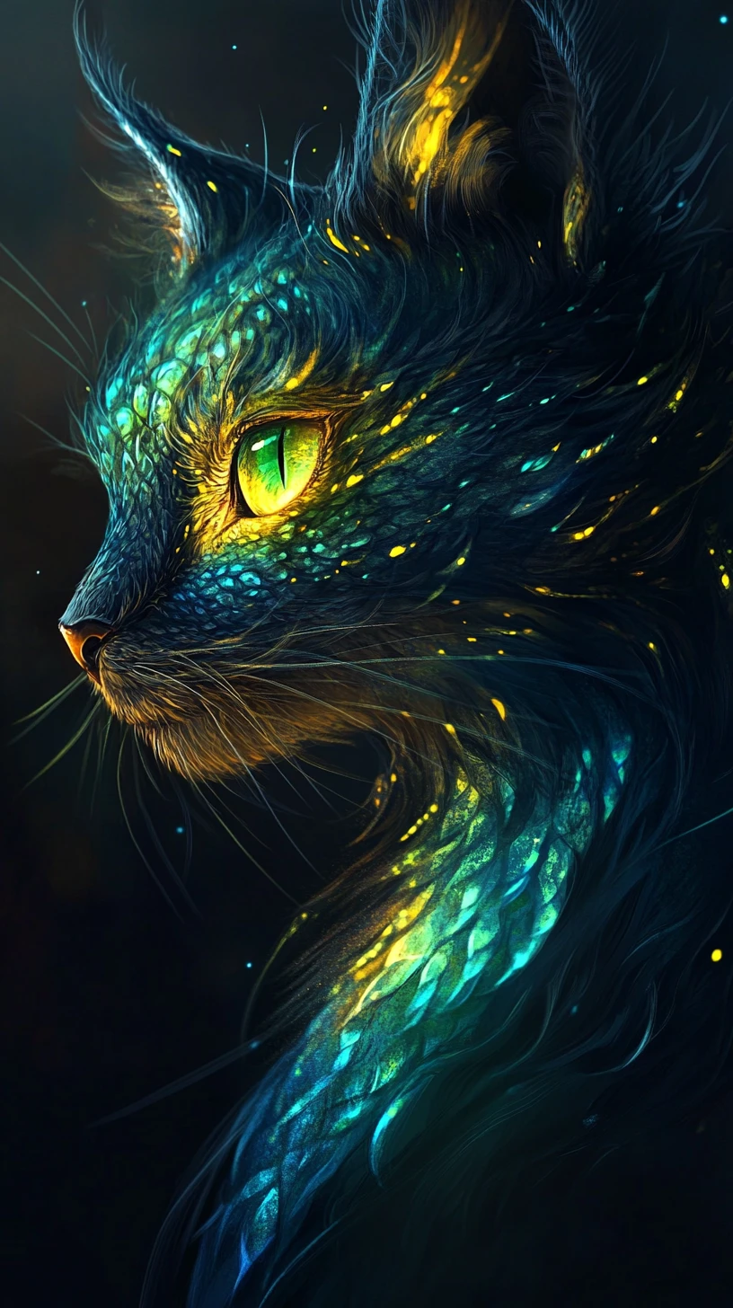 Gatto simile a un drago con scaglie turchesi luminose nell’ombra