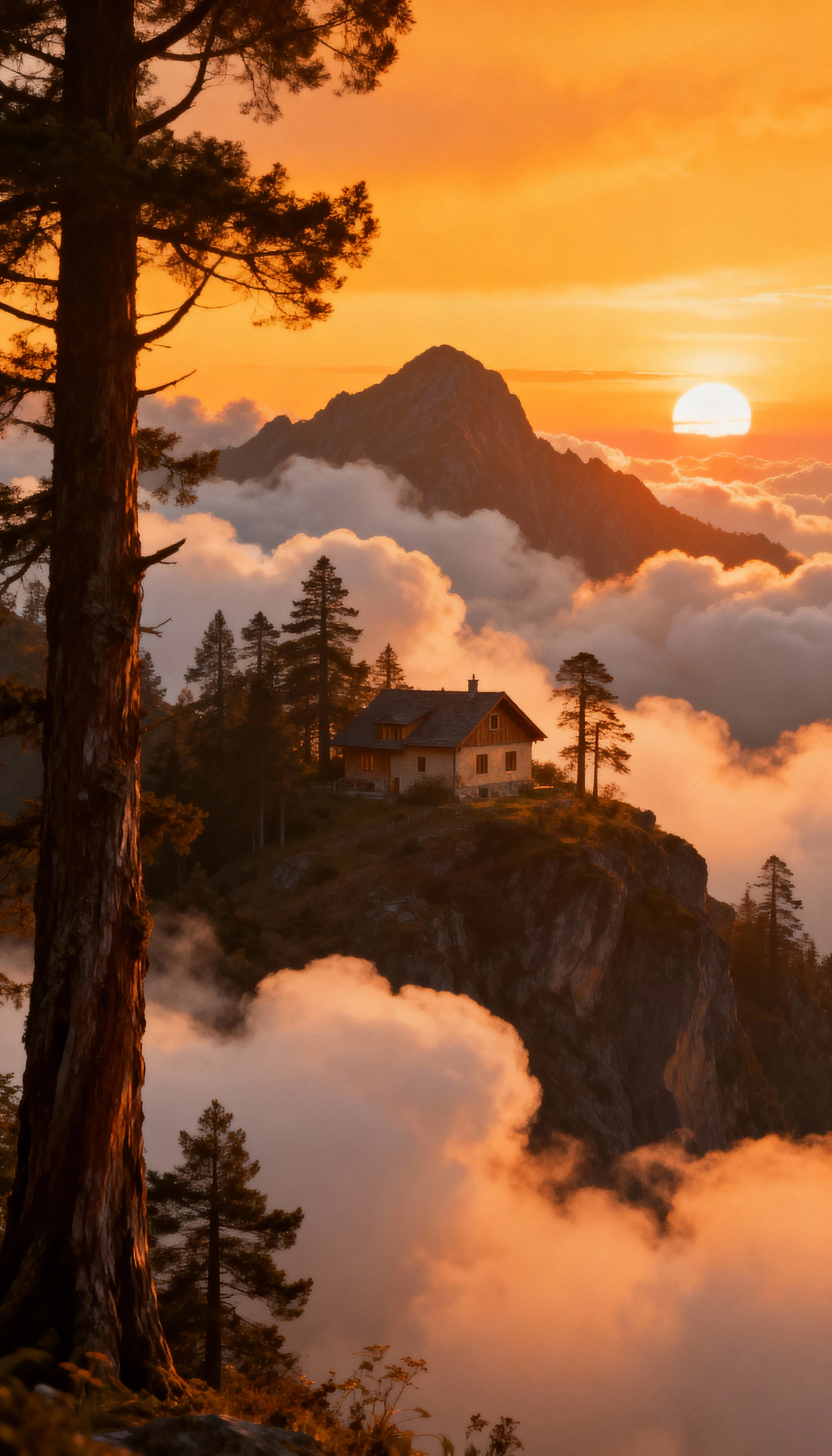Fantasy mountain house at sunrise with trees and clouds