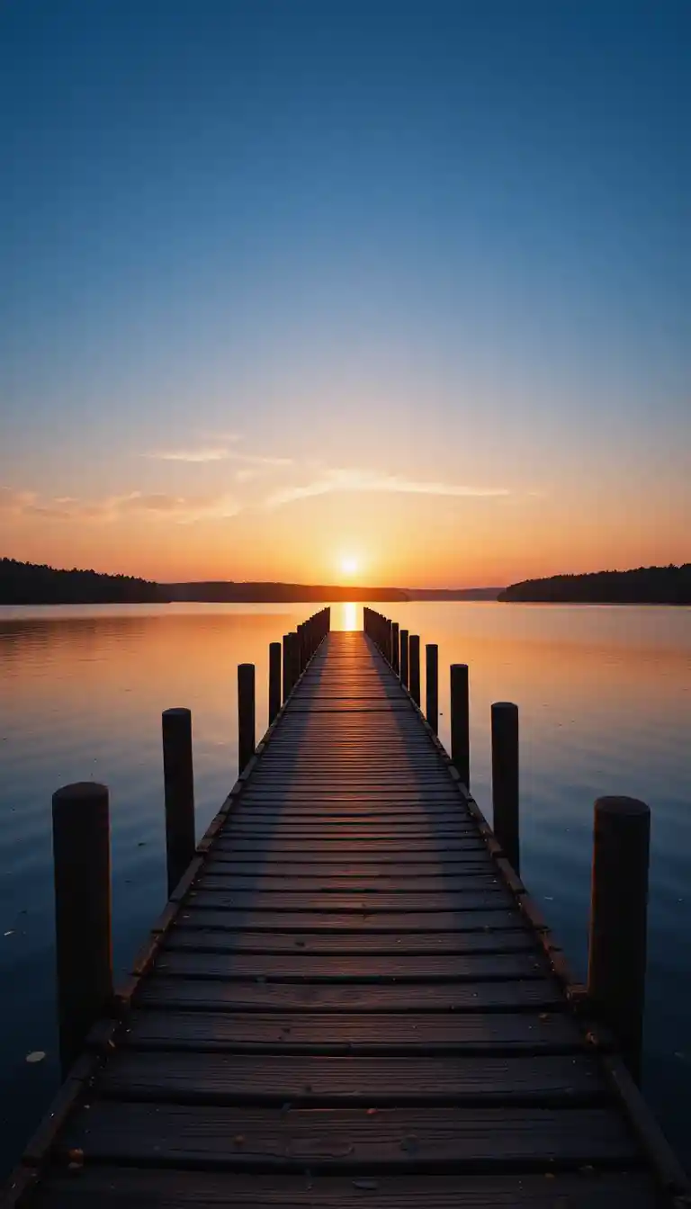Holzsteg, der in einen ruhigen See bei Sonnenuntergang führt