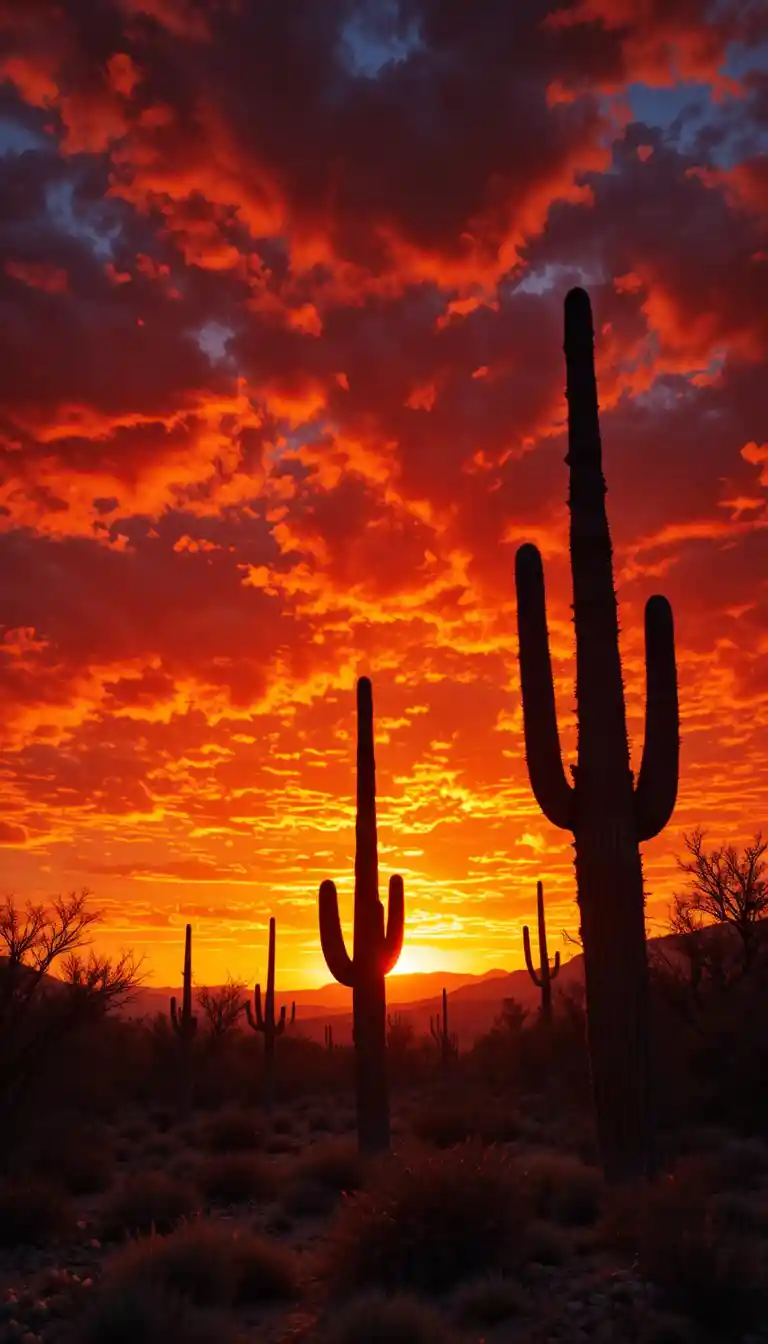 Vivid desert sunset with cacti silhouettes and fiery sky