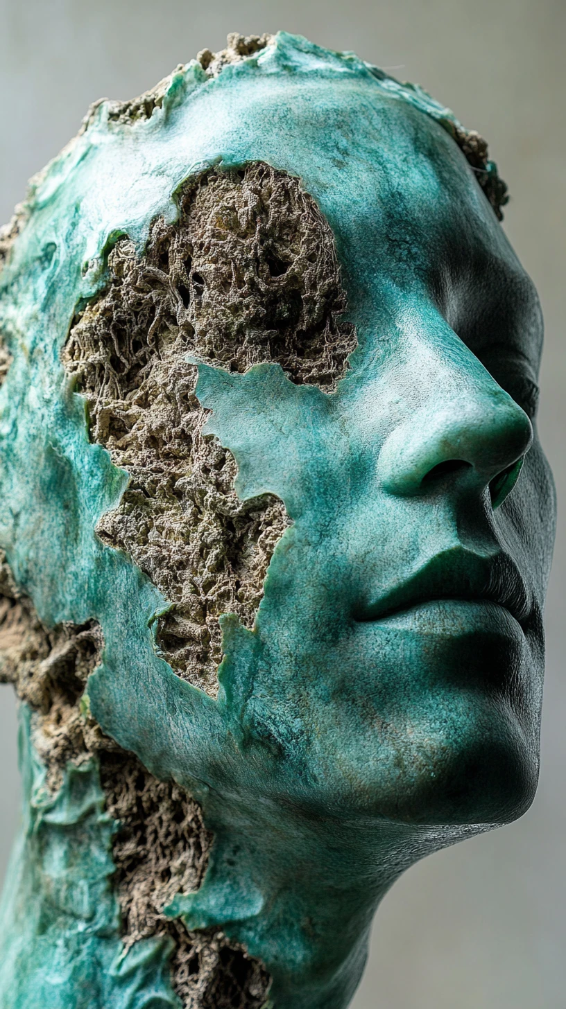Escultura de rostro masculino de piedra y plantas en primer plano de perfil