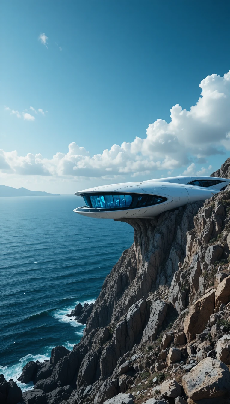 Edificio futurista en un acantilado con núcleo azul brillante junto al mar