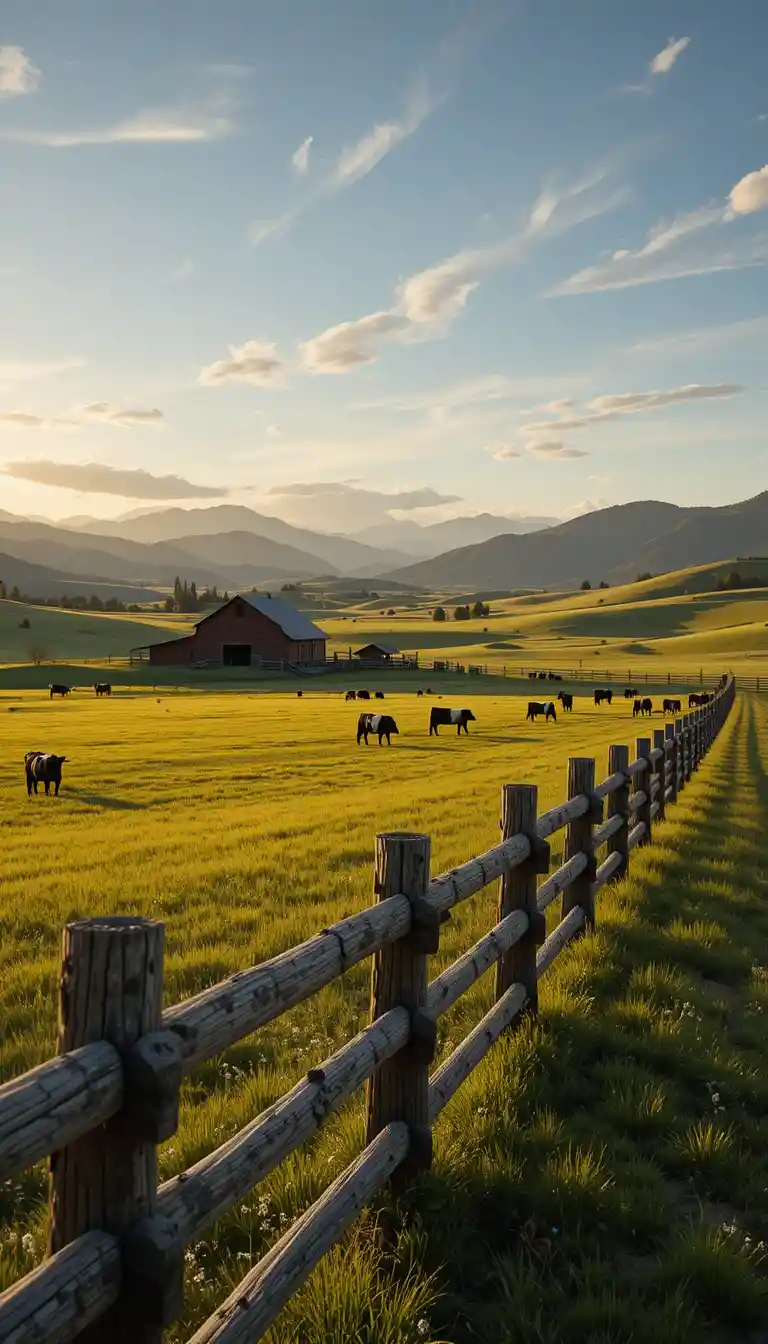 Cattle ranch at golden hour with barn and mountains