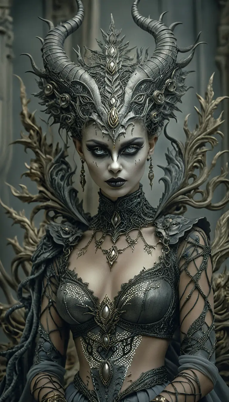 Regina demoniaca fantasy su trono barocco ornato - ritratto